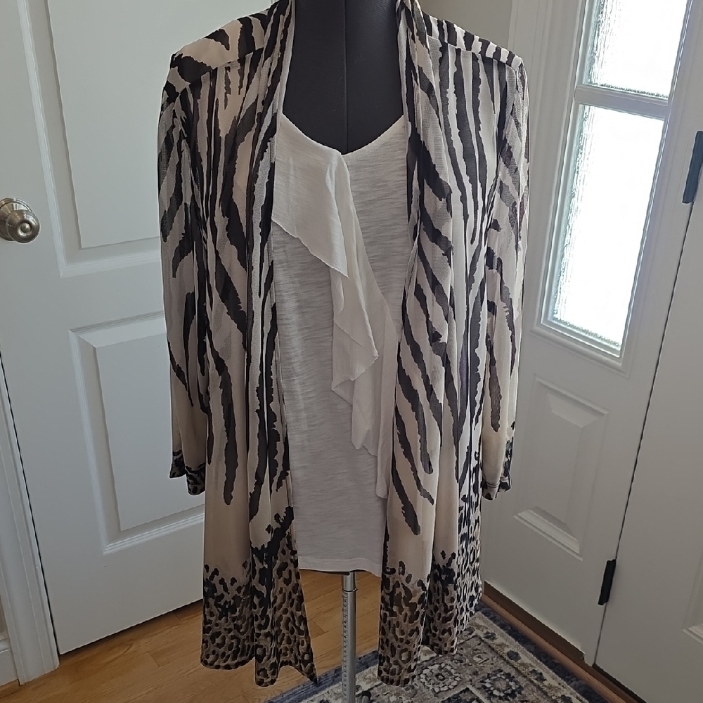 Chicos Zebra Print Open Front See Thru Lightweight Cardigan And Tank Plus Size